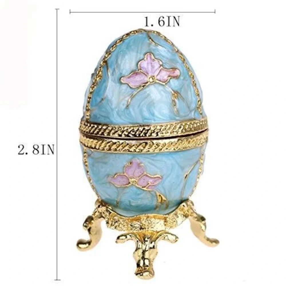 Vintage Faberge Style Enameled Trinket Box Blue Pink Floral Gold‎ Tone Egg Decor